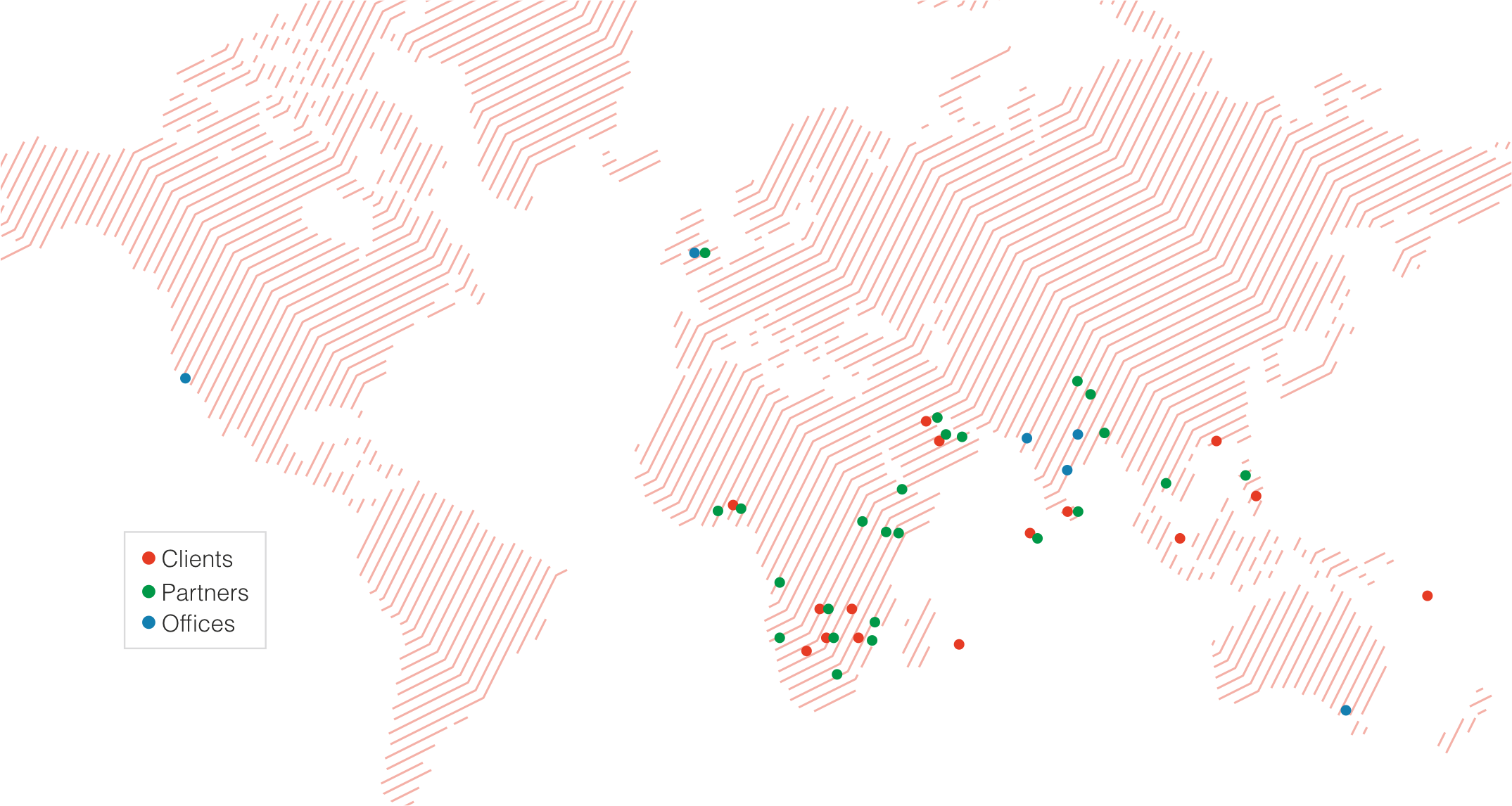 World map showing QDE clients, partners, and offices across nineteen countries and jurisdictions.