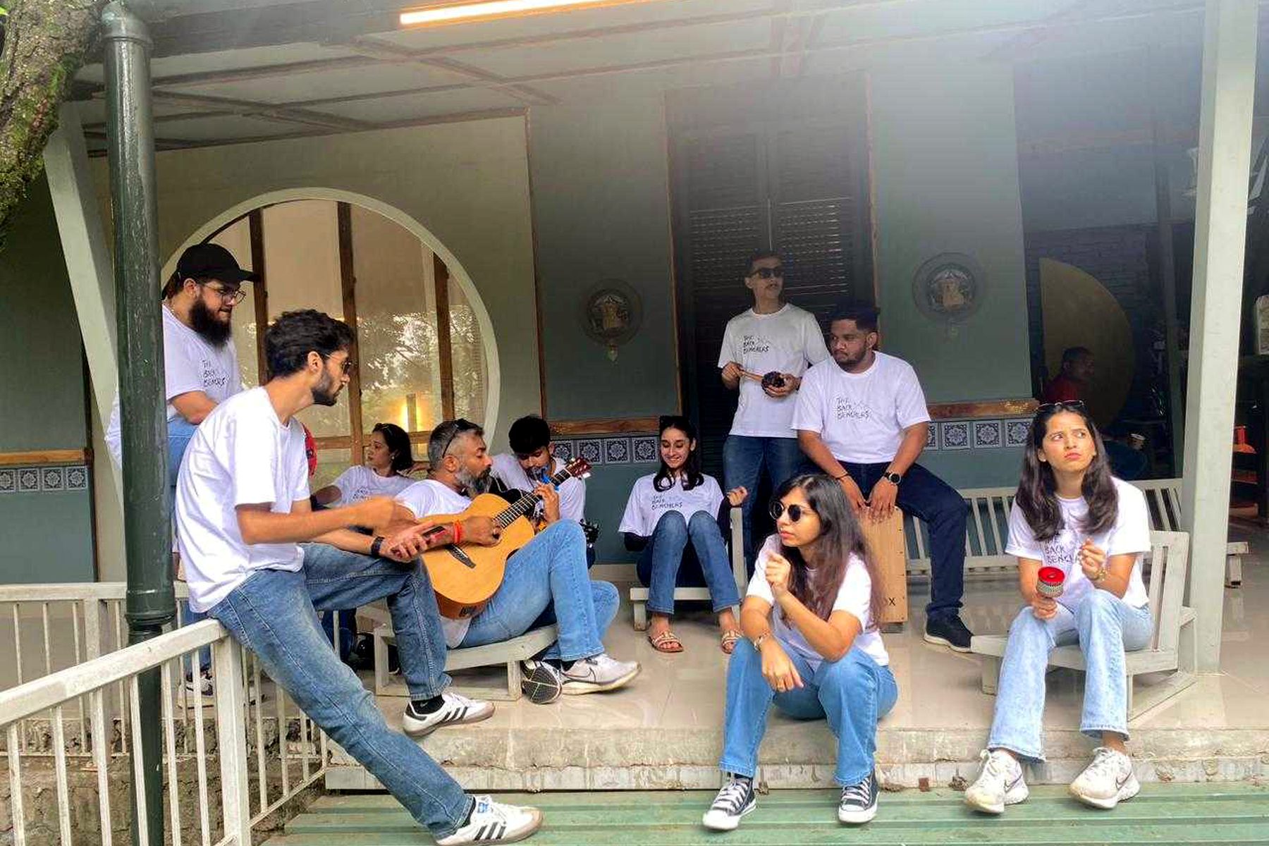 A relaxed jam on a garden porch